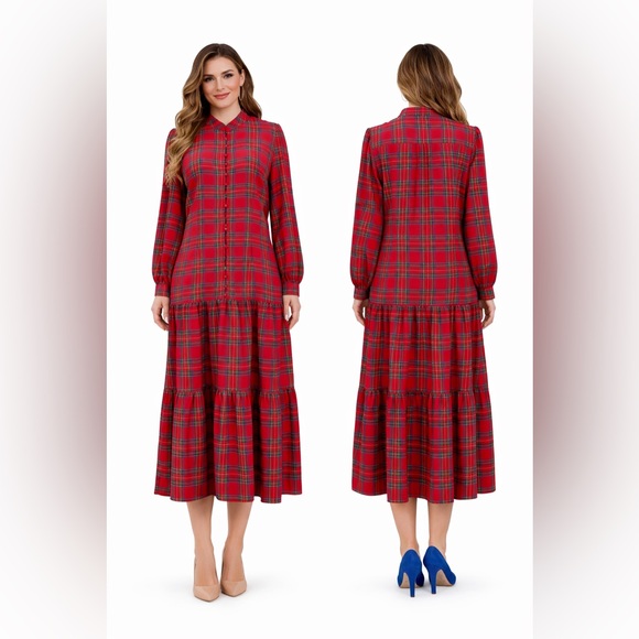 Untuckit Meredith Classic Red Tartan Midi Dress – Long Sleeve & Flowy Size Small - Picture 2 of 16